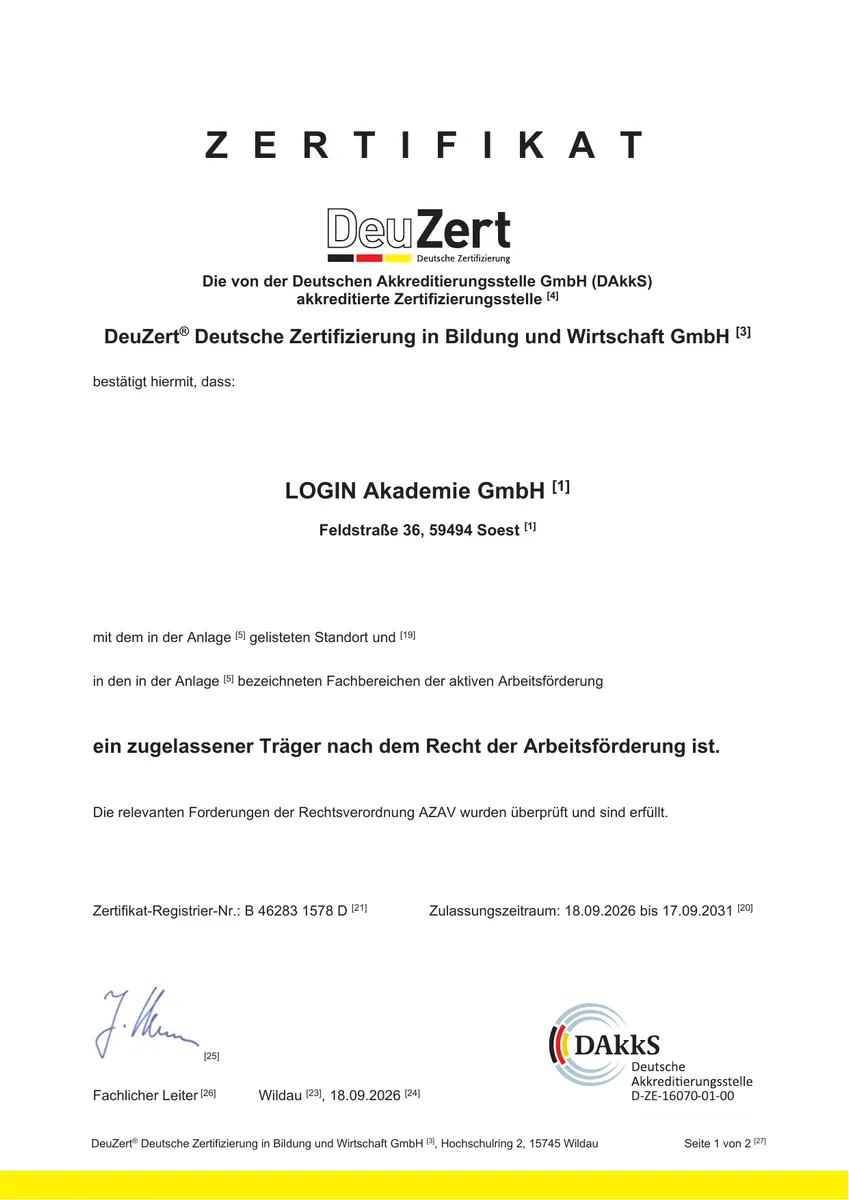 AZAV-Zertifikat der LOGIN Akademie GmbH, ausgestellt von der DeuZert, Registrier-Nr. B 46283 1578 D